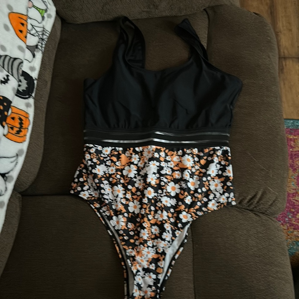 Orange and black flowered one piece bathing suit size xl